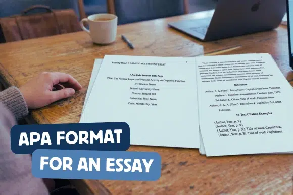 APA essay format guide showing APA 7 essay layout title page citations references and formatting rules