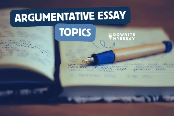 argumentative essay topics for students with notebook and pen for brainstorming debate ideas