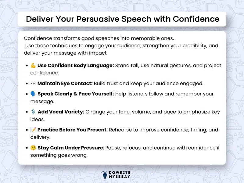 Deliver your persuasive speech with confidence infographic covering body language, eye contact, vocal variety, clear speaking, practice, and audience engagement.