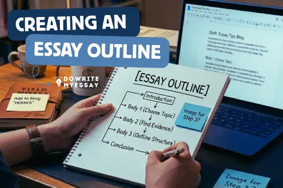 creating an essay outline with notebook showing introduction body and conclusion structure