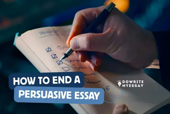 student writing persuasive essay conclusion with notebook and pen