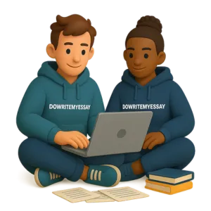Two students in DoWriteMyEssay hoodies studying together on a laptop.