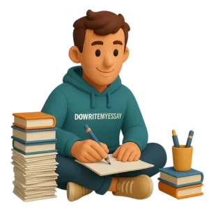 Student in DoWriteMyEssay hoodie writing notes beside a stack of books.