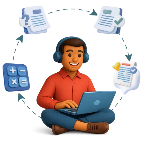Student using laptop with icons showing order process steps and workflow