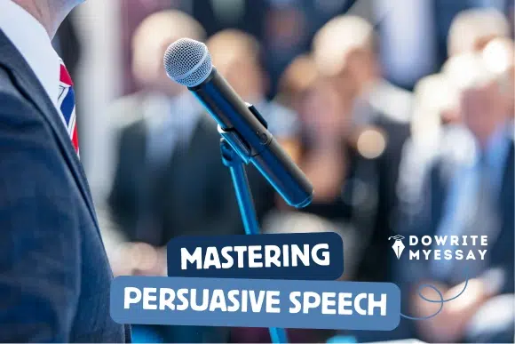 Persuasive speech guide featuring a speaker at a microphone presenting techniques for confident public speaking, audience engagement, and persuasive communication.