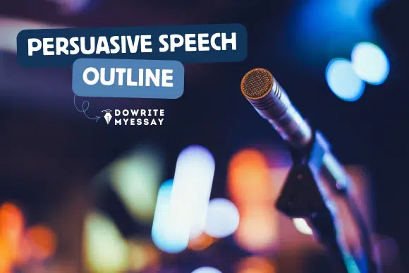 Persuasive speech outline guide illustrated with a microphone for planning a clear, organized, and convincing speech.