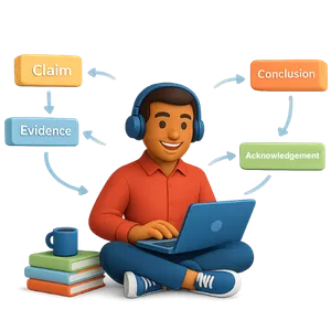 Student ready to buy a persuasive essay on laptop written with proper claim, evidence, and conclusion structure diagram