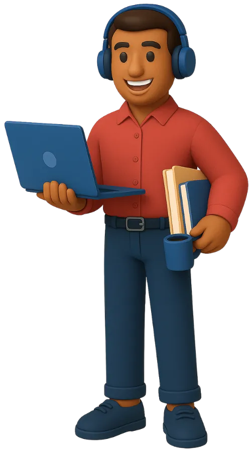 Professional student character holding laptop and books representing academic help